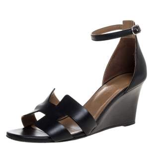 Hermes Black Leather Premiere Ankle Strap Wedge Sandals Size 39