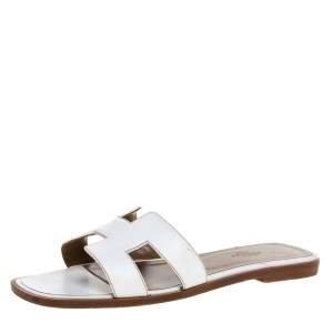 Hermes White Leather Oran Flat Sandals Size 38.5