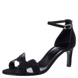 Hermes Black Suede Crystal Embellished Premiere Ankle Strap Sandals Size 38.5