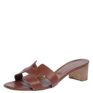 Pre Owned Hermes Brown Leather Oran Block Heel Sandals Size 39