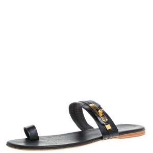 Hermes Black Leather Turn-Lock Embellished Ring Toe Flats Size 41