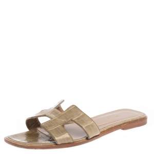 Hermes Grey Croc Leather Oran Sandals Size 39