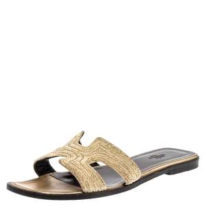 Pre Owned Hermes Metallic Pale Gold Twisted Metal Thread Oran Sandals Size 39