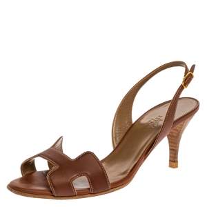 Pre Owned Hermes Brown Leather Night Slingback Sandals Size 38.5