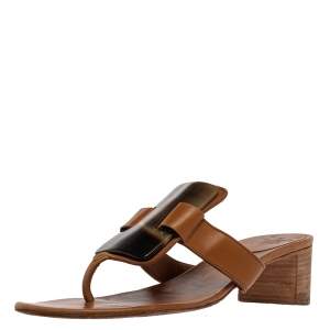 Hermes Brown Leather Embellished Thong Sandals Size 38.5