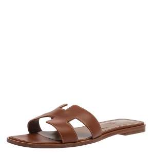 مملوكة مسبقًا Hermes Brown Leather Oran Slide Sandals Size 40.5