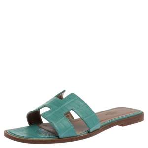 Hermes Light Blue Matt Crocodile Oran Flat Sandals Size 39
