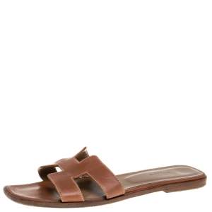 Hermes Brown Leather Oran Slide Sandals Size 38.5