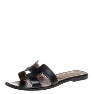 Hermes Black Leather Oran Flat Sandals Size 38.5