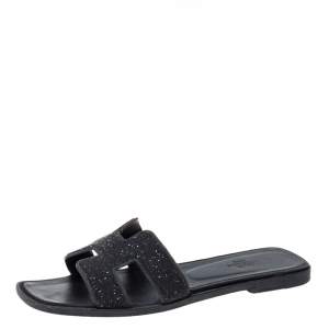 Pre Owned Hermes Black Glitter Oran Flat Slides Size 39