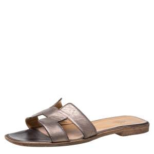 Hermes Metallic Brown Leather Oran Flats Size 40