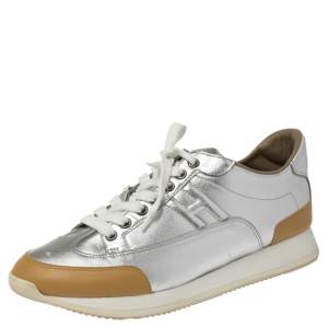Pre Owned Hermès Metallic Silver/Tan Leather Trail Low Top Sneakers Size 40
