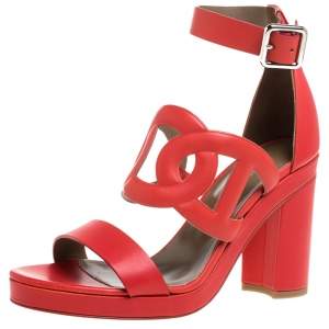 Hermes Red Leather Block Heels Ankle Strap Sandals Size 39
