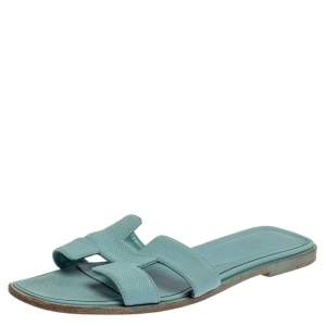 Pre Owned Hermes Light Blue Leather Oran Flat Sandals Size 38.5