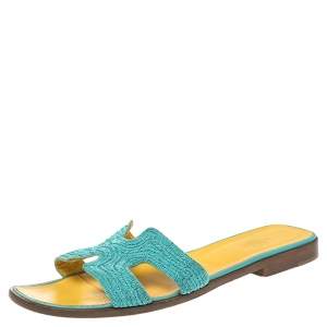 Hermes Blue Fabric Oran Flat Slides Size 41