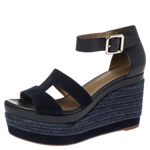 Pre Owned Hermes Indigo Leather and Suede Ilana Espadrille Wedges Sandals Size 36