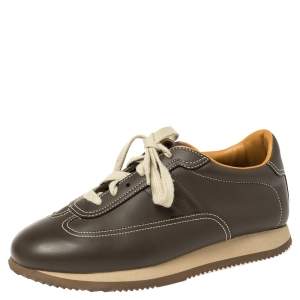 Hermes Brown Leather Lace Up Low Top Sneakers Size 40.2