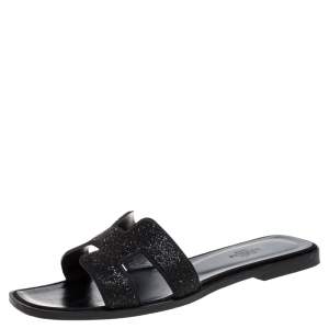 Pre Owned Hermes Black Glitter Leather Oran Flat Slides Size 38.5