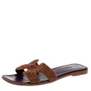 Hermes Brown Fabric Oran Flats Size 36.5