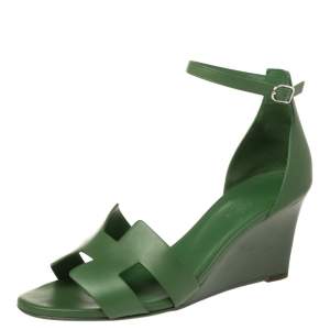 Pre Owned Hermès Green Leather Legend Wedge Sandals Size 40