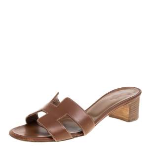 Hermès Brown Leather Oasis Slide Sandals Size 36