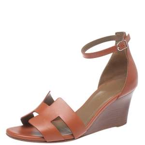 مملوكة مسبقًا Hermes Brown Leather Premiere Wedge Sandals Size 37.5