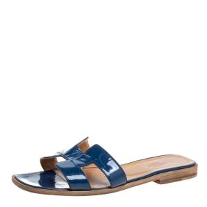 Pre Owned Hermes Blue Patent Leather Oran Slide Sandals Size 38