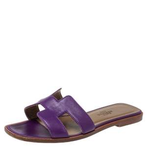 Hermes Purple Leather Oran Flat Slides Size 34