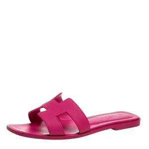 Hermes Pink Leather Oran Slide Flats Size 37