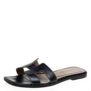 Pre Owned Hermès Black Leather Oran Slide Flats Size 35