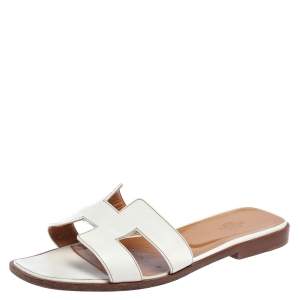 Hermes White Leather Oran Slide Sandals Size 39
