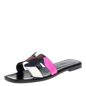 Pre Owned Hermes Multicolor Modernisme Tropical Print Canvas Oran Flat Slides Size 37
