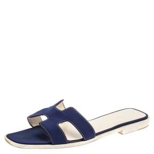 Hermes Blue Fabric Oran Flat Slides Size 39.5