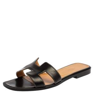 Pre Owned Hermes Black Leather Oran Slide Sandals Size 38.5