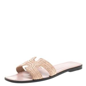 Hermes Beige Fabric Oran Flat Slides Size 39