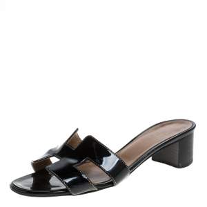 Hermes Black Patent Leather Oasis Slide Sandals Size 36