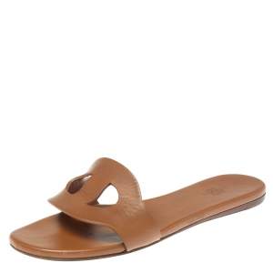 Hermes Brown Leather Lisboa Flat Slides Size 37