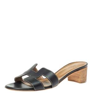 Hermes Black Leather Oran Sandals Size 37