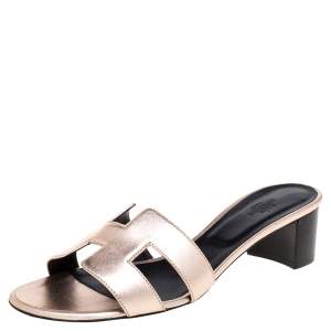 Pre Owned Hermes Rose Gold Leather Oasis Sandals Size 40.5