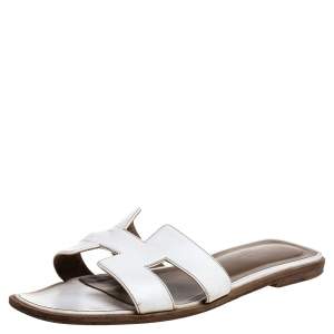 Pre Owned Hermes White Leather Oran Sandals Size 37.5
