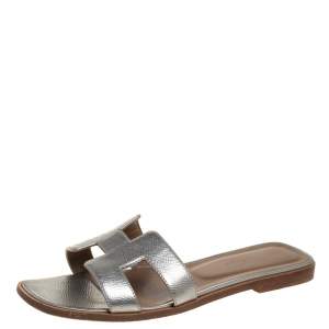 Hermes Silver Textured Leather Oran Flats Size 38.5
