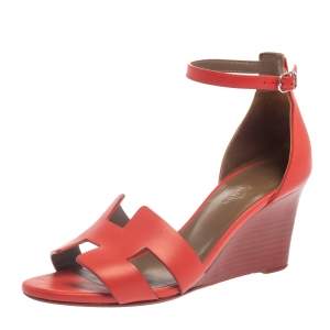 Hermes Red Leather Legend Ankle Strap Wedge Sandals Size 37