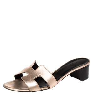 Hermes Metallic Rose Gold Leather Oasis Sandals Size 37.5
