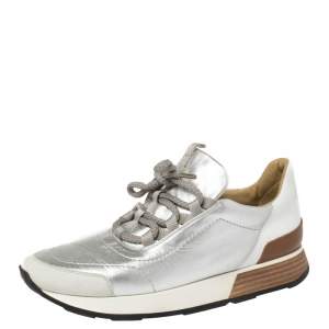 Hermes Silver Leather and Suede Trail Low Top Sneakers Size 38.5