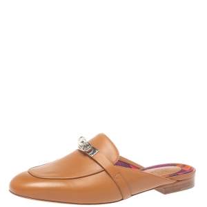 Hermes Brown Leather Palladium Plated Oz Flat Mules Size 37.5