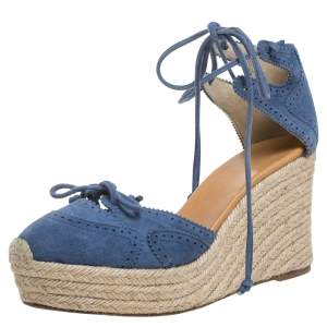 Hermes Blue Suede Espadrille Wedge  Platform Sandals Size 38