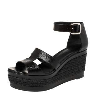 Pre Owned Hermes Black Textured Leather Ilana Espadrille Wedge Sandals Size 39