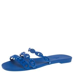 Hermes Blue Rubber Chaine d'Ancre Rivage Slide Sandals Size 37