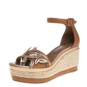 Pre Owned Hermes Brown/Metallic Bronze Leather Leaf Detail Mambo Platform Espadrilles Size 39