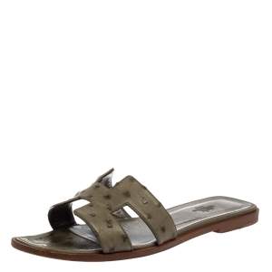 Hermes Grey Ostrich Leather Oran Flats Size 39